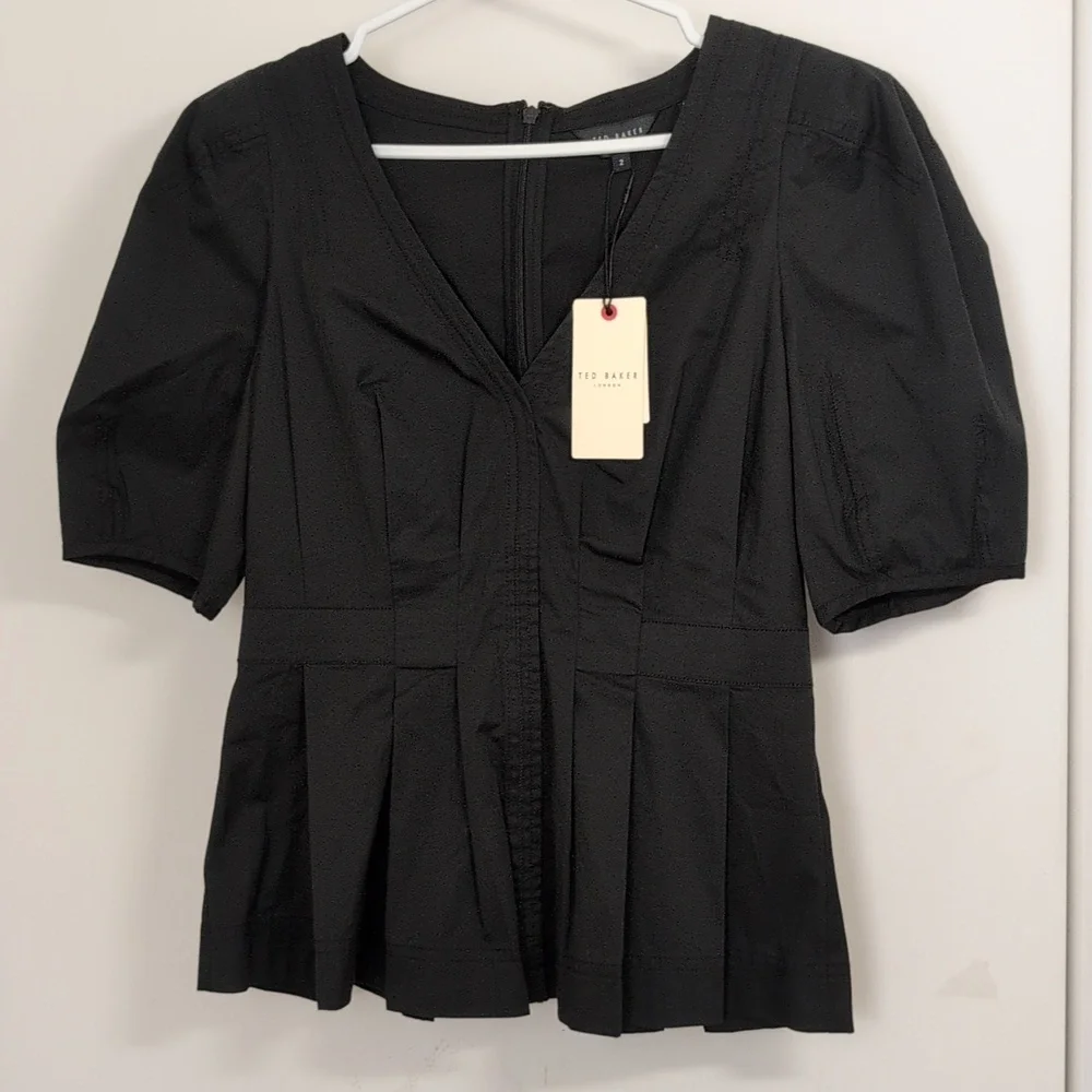 TED BAKER BLACK BURDUR STITCH DETAIL PUFF SLEEVES TOP SIZE 2 - Picture 3 of 9